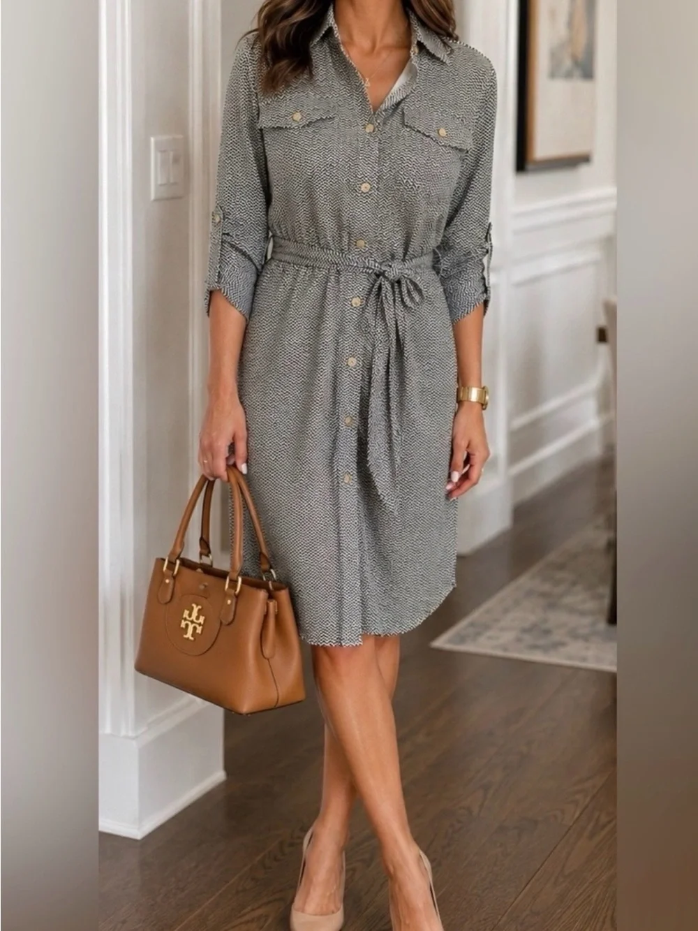 Tory Burch Zig Zag Shirt Dress with Tie Waist